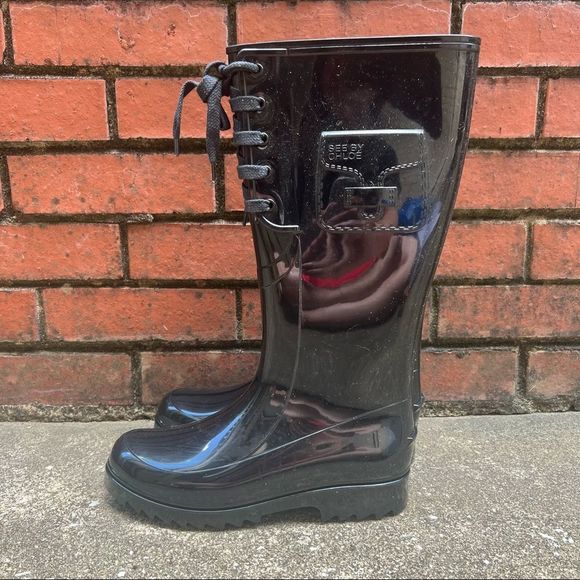 See by Chloe Black Chunky Lug Sole Rubber Rain Boots Sz 39 - Picture 3 of 9